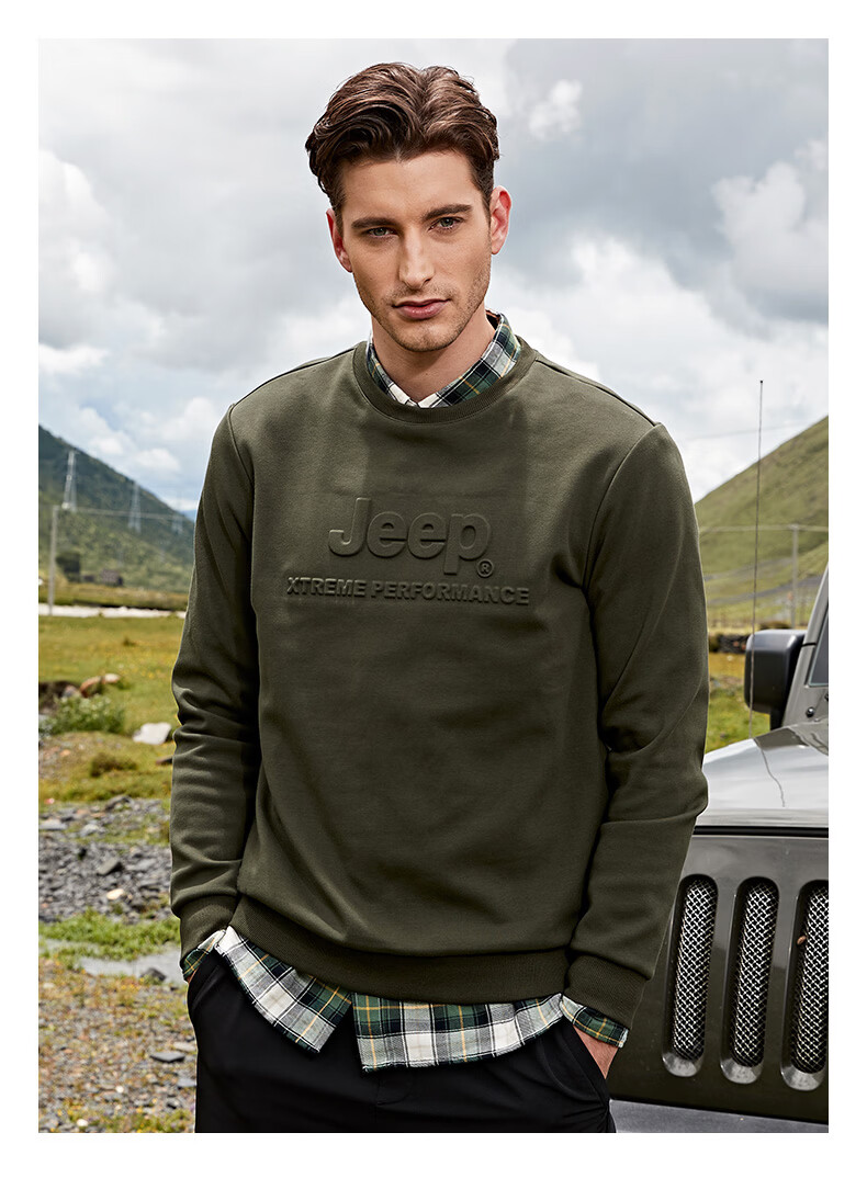 Jeep Men's Autumn Fleece-Lined Warm Long Sleeve Outdoor Loose Fit Crewneck Pullover Sweatshirt 4366 2