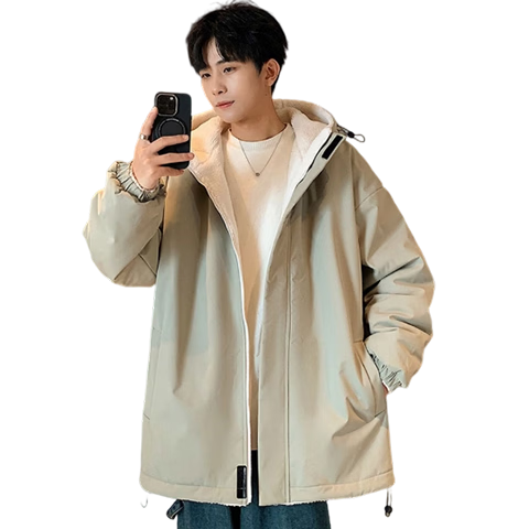 Miiow Men's Autumn Winter Cotton Jacket Lamb Wool Fleece Lined Casual Hooded Puffer Coat Gray Green 2XL