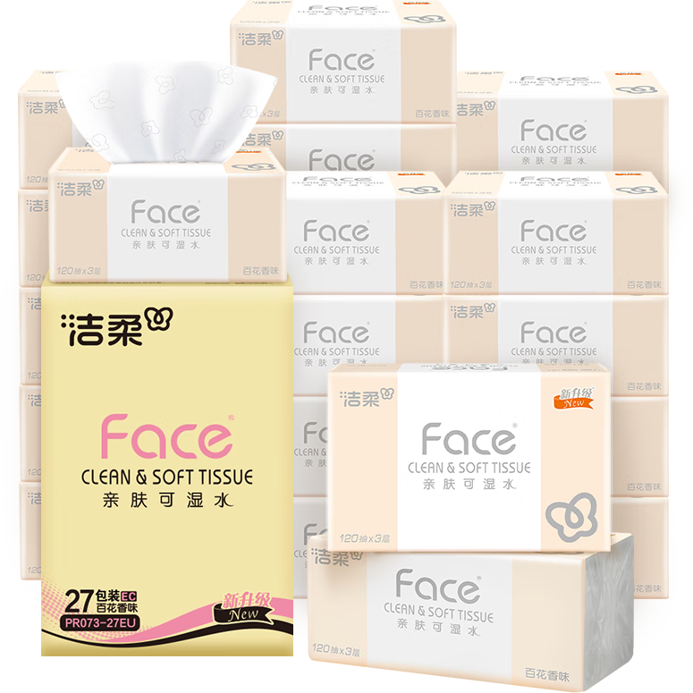 C&S Facial Tissues, Pink Face 3-Ply 120 Sheets * 27 Packs, Floral Scent, Water-Absorbent, Soft And Strong Facial Tissue, Virgin Wood Pulp, Whole Box