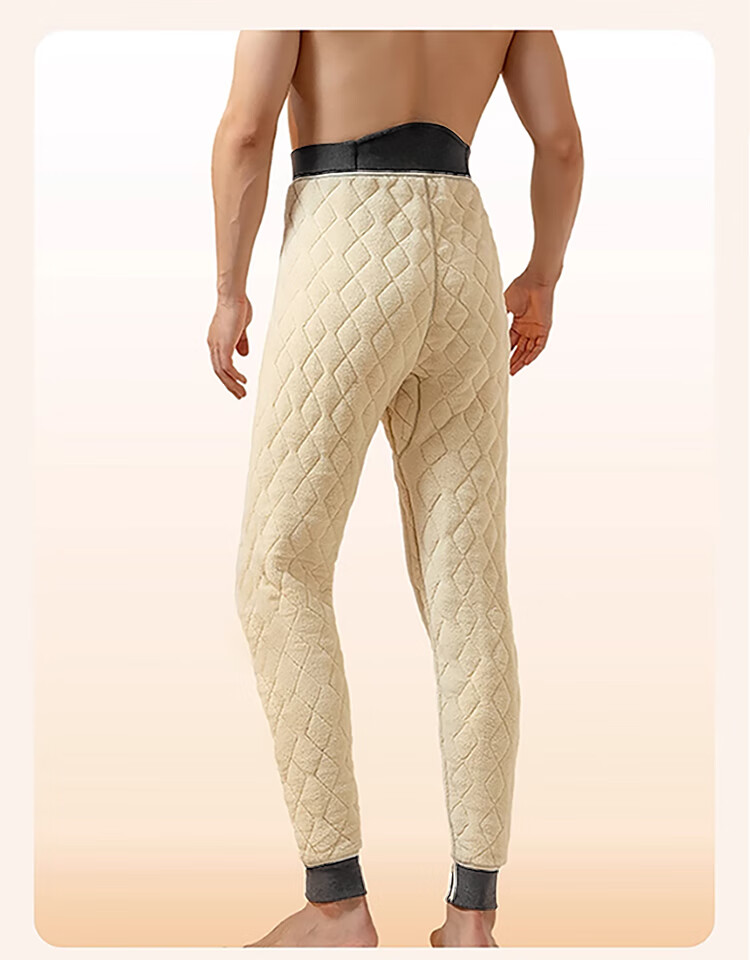 Langsha 100% Wool Men's Autumn Winter Fleece Lined Thickened Lamb Wool Thermal Pants High Waist Knee Protection Extra Thick Base Layer Pants Northeast Style 22