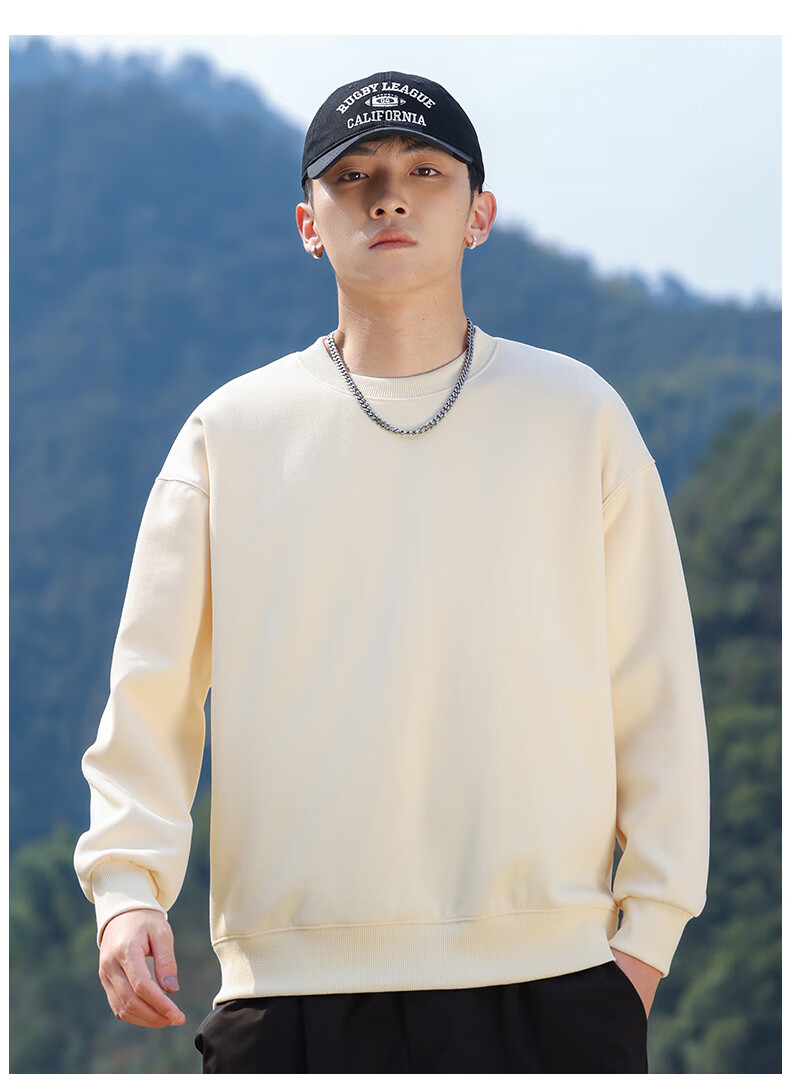 EASTERN CAMEL Men's Autumn Winter Crew Neck Solid Heavyweight Drop Shoulder Long Sleeve Outdoor Pullover Sweatshirt White XL 18