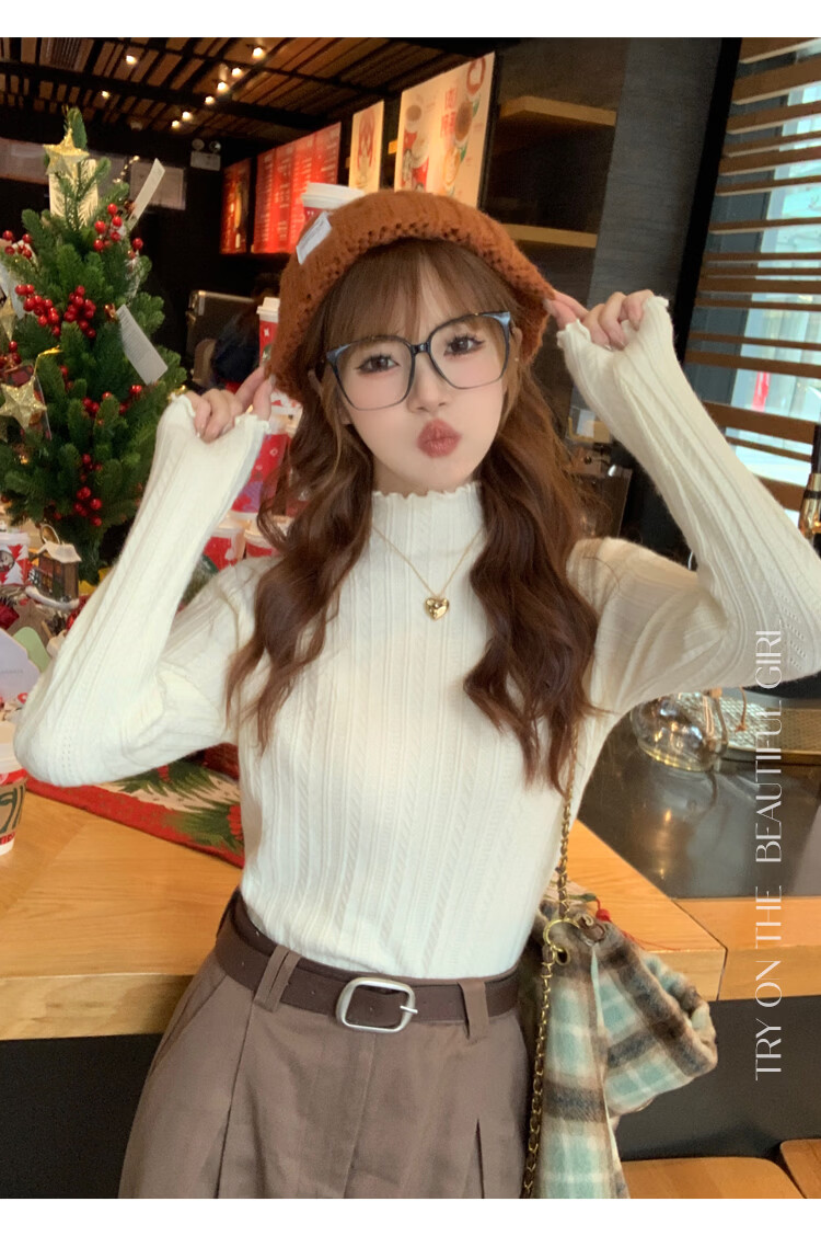 Caramella Women's 38 Goddess Festival Gift Semi-Turtleneck Ruffled Jacquard Long-Sleeve T-Shirt Spring Autumn 11