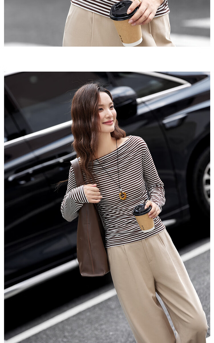 Vimly French Vintage Striped T-Shirt Women Autumn Winter Slim Fit Long Sleeve Top White Navy Stripes M 11
