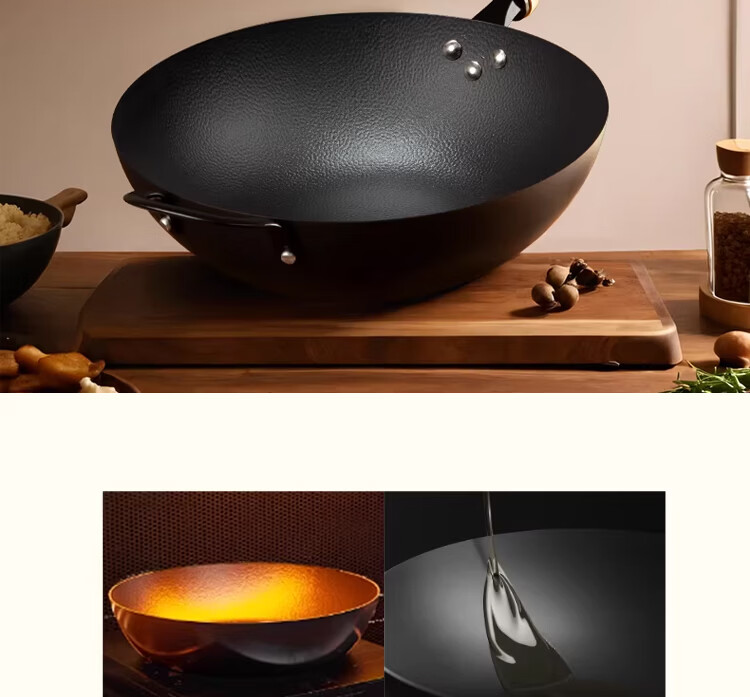 Zhang Zhuangyuan Uncoated Double-Handle Cast Iron Round Bottom Wok, Traditional Raw Iron Non-Stick Stir Fry Pan for Home Use, Gas Stove Compatible, 38CM 2