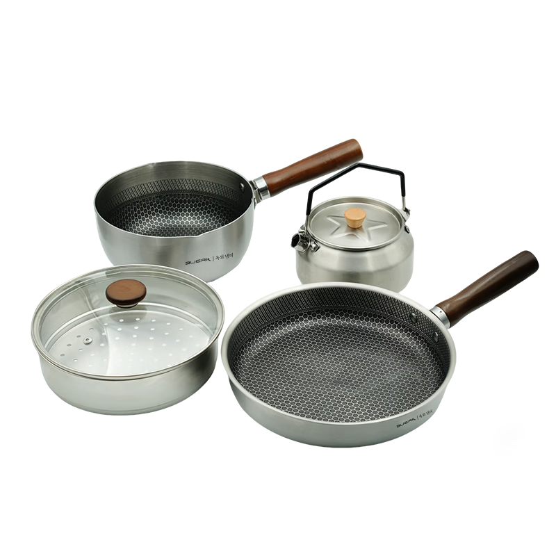 BUERK Heavy-Duty PLUS Edition Three-Layer Steel Clip Stove Outdoor Cookware Set Camping Kettle Frying Cookware Four-Piece Set T22