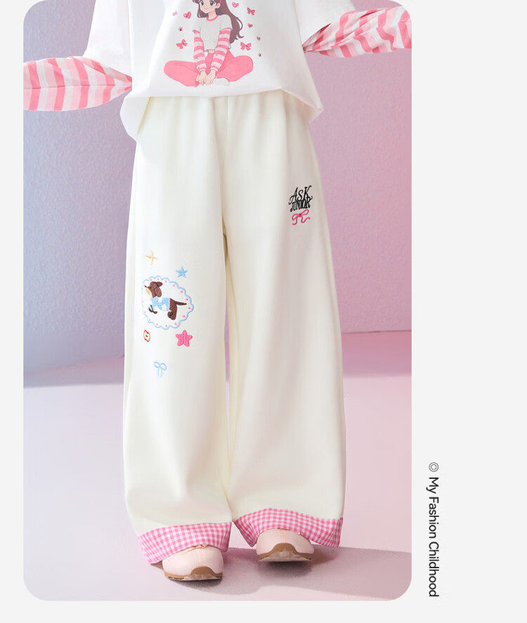 ASK JUNIOR Kids Pants 2026 Spring Straight-Leg Trousers for Girls Plaid Color-Block Casual Pants Apricot 3