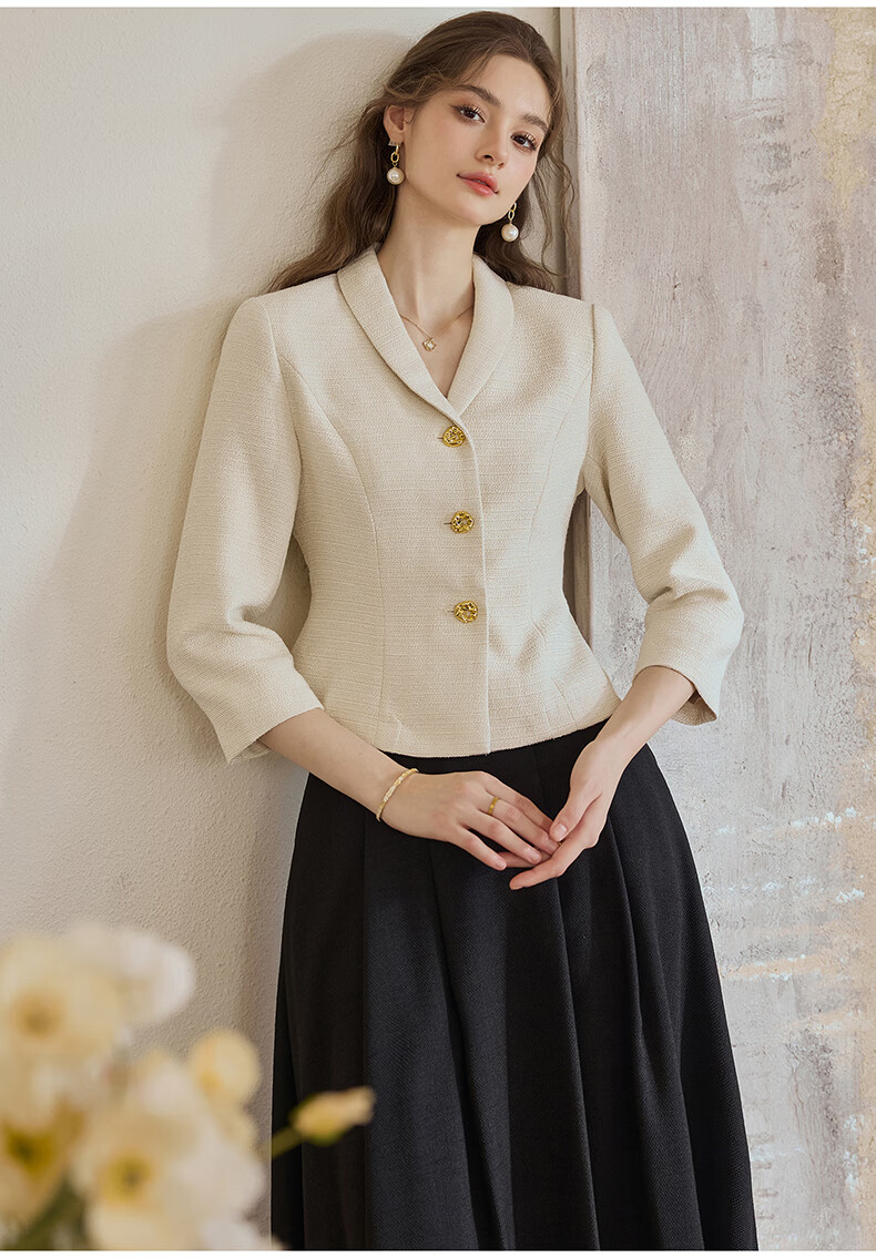 ROEYSHOUSE French Style Light Mature Tweed Short Jacket Women Spring Waist Slim Top 09445 Off-White S 15