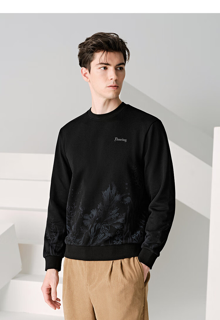 DANCING WOLVES [Heavy Fabric] Autumn And Winter Fashion Versatile Floral Subtle Pattern Crew Neck Men's Sweatshirt, Army Green, Size 175 3