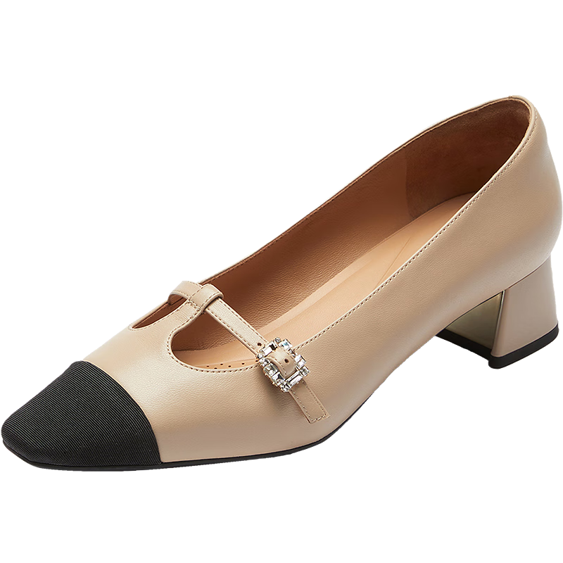 Laird Spring 2026 New Elegant Lambskin Chunky Heel Mary Jane Shoes for Women 7M41013 Milk Tea Apricot BEK36