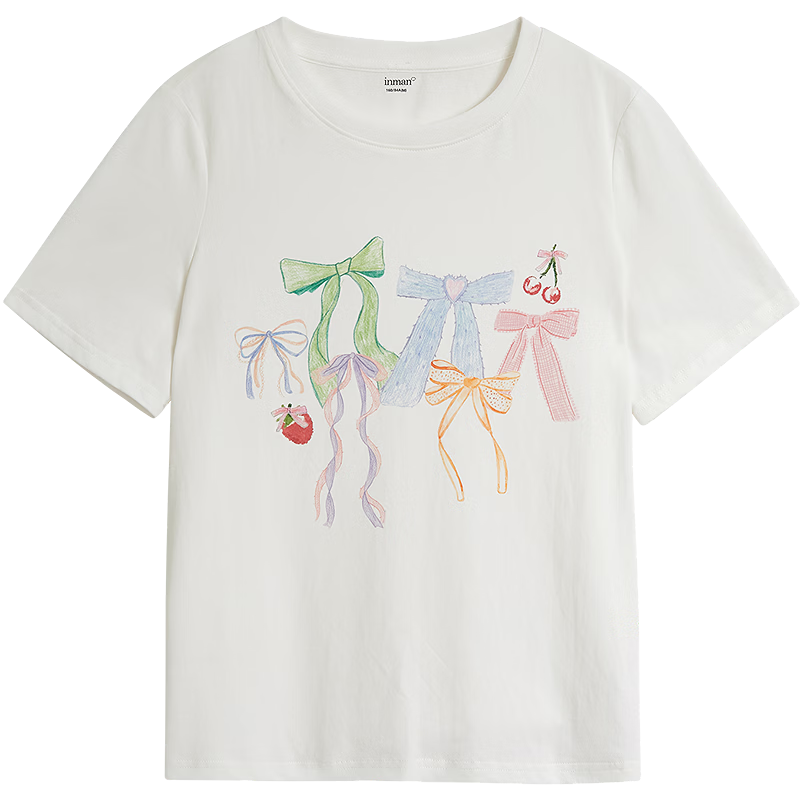 INMAN INMAN [Runway Style] Bow Print Round Neck T-Shirt, Summer 2026 Women's Short-Sleeve Top, White, Size L
