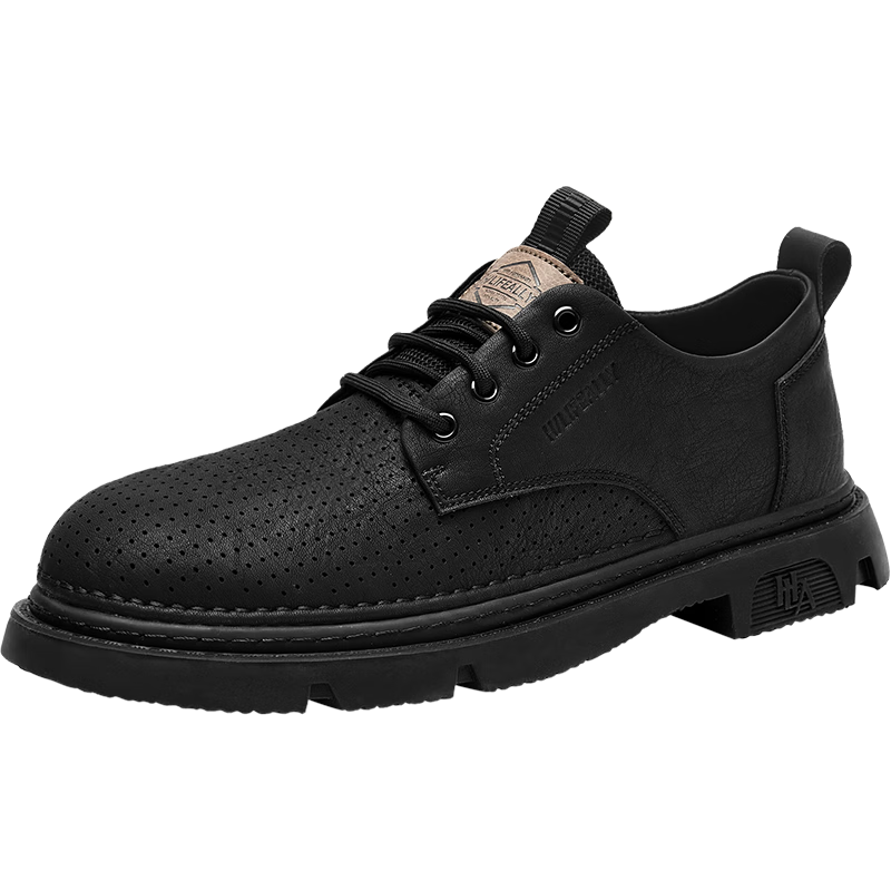 HLA Men's Outdoor Work Shoes, Summer Breathable Perforated Leather Shoes, Low-Top Casual Shoes for Men, 0074 Black, Size 40