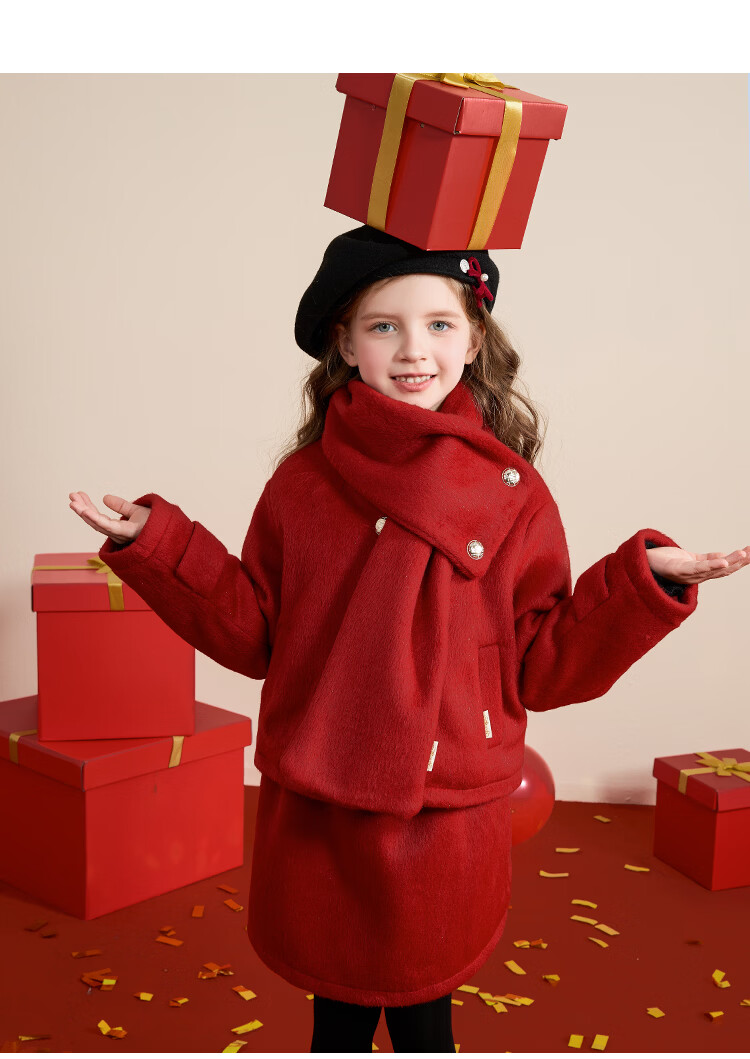Disney Girls' Spring and Autumn 2026 New Stylish Winter Thick Woolen Coat and Skirt Two-Piece Set with Scarf 6