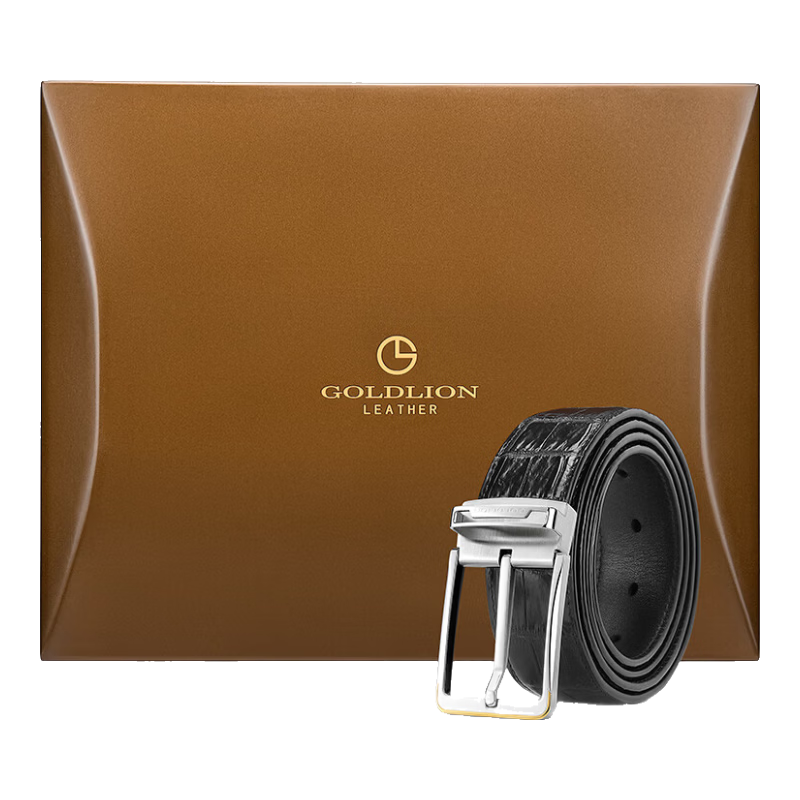 Goldlion Men's Belt, Stainless Steel Pin Buckle, High-End Wooden Gift Box, Alligator Leather Trouser Belt, Birthday Gift