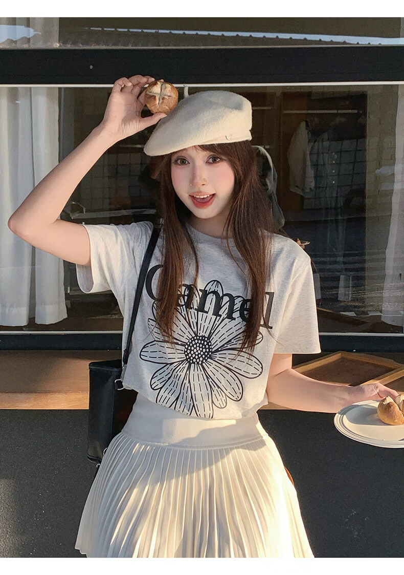 CAMEL Ice Skin T-Shirt Little Daisy Short Sleeve Cotton Loose Casual Top C36BAXLN023A Warm White XL 2