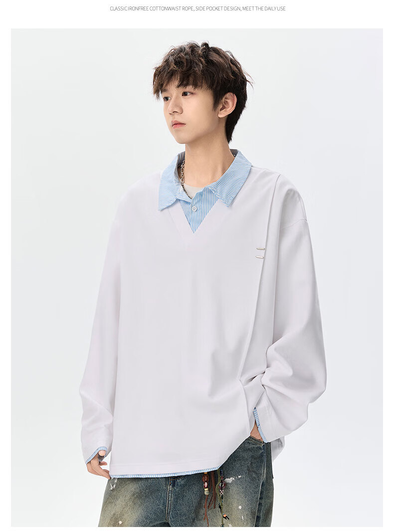 Foss Phil Men's Spring Autumn Colorblock Layered Collar Sweatshirt Casual Polo Shirt YWY1022 Glacier White XL 15