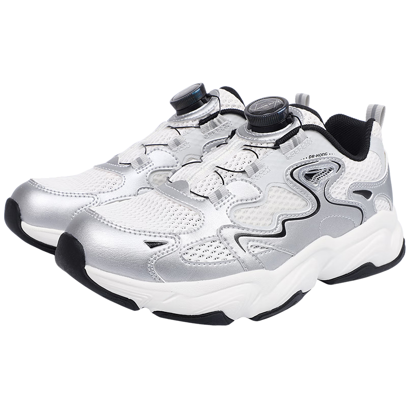 DR·KONG Spring Sports Shoes for Boys and Girls, Non-slip and Wear-resistant Outdoor Kids Shoes, Silver/Beige, Size 35
