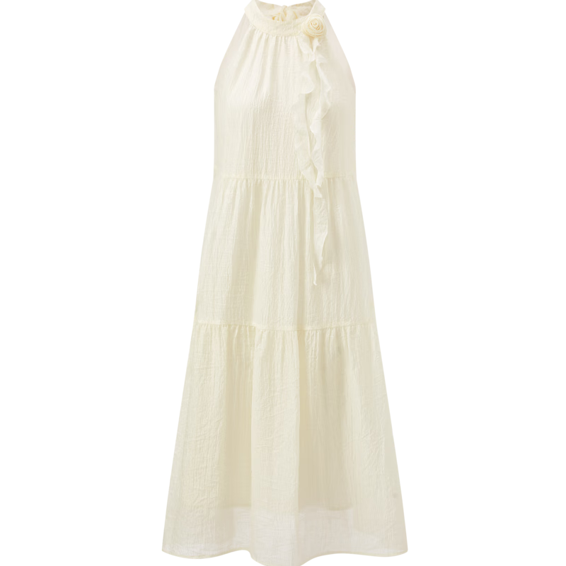 LeTing Camellia Girl Textured Halter Neck Long Dress Vacation Style Ribbon Dress Beige (In Stock) XS