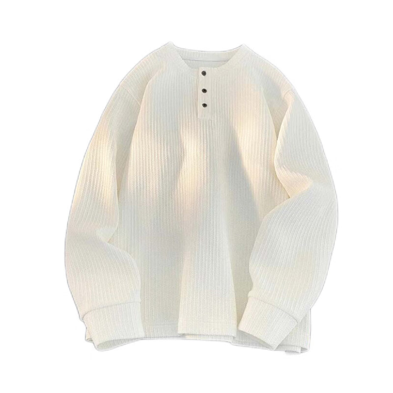 MMOPTOP American Style Henry Collar Long Sleeve T-Shirt Autumn Winter Men's Textured Solid Color Base Shirt MTX20 White M