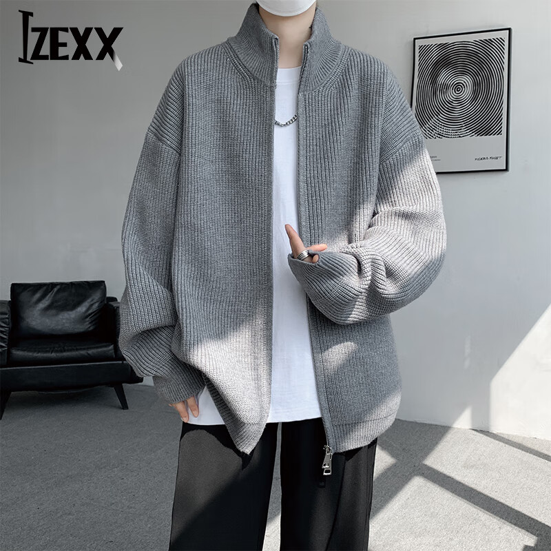 IZEXX Men's Autumn Loose Fit Stand Collar Zip-up Knit Cardigan Sweater Jacket XZ08 Gray L