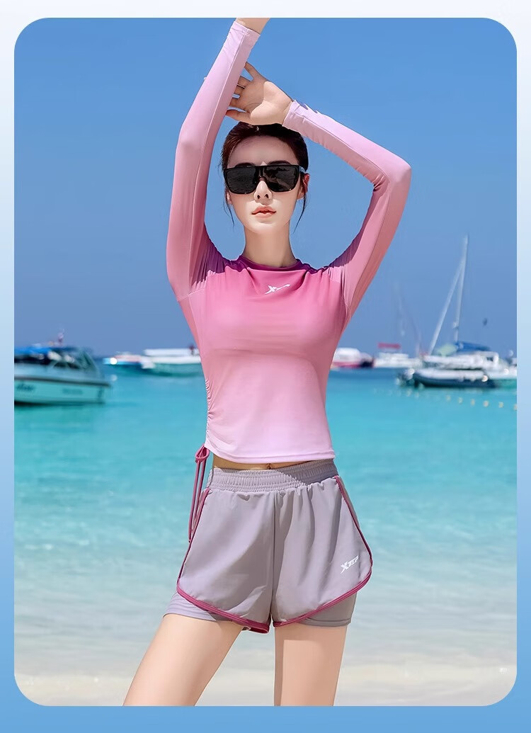 Xtep Women's Two-Piece Gradient Long Sleeve Conservative Student Swimsuit Slimming Vacation Beachwear 12