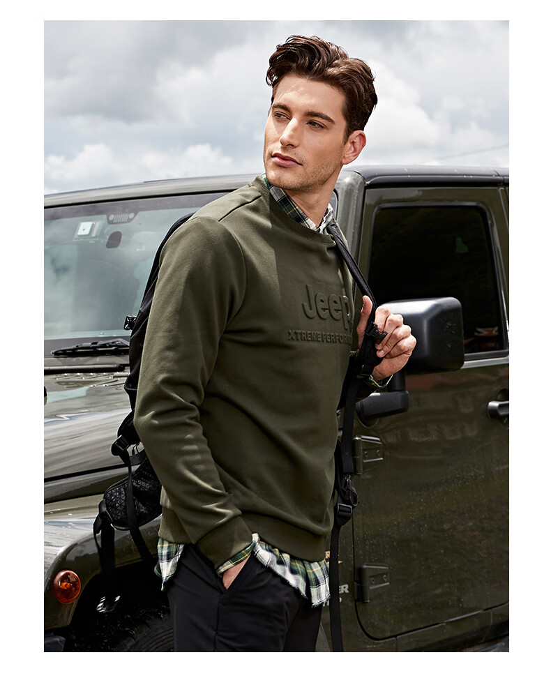 Jeep Men's Autumn Fleece-Lined Warm Long Sleeve Outdoor Loose Fit Crewneck Pullover Sweatshirt 4366 10