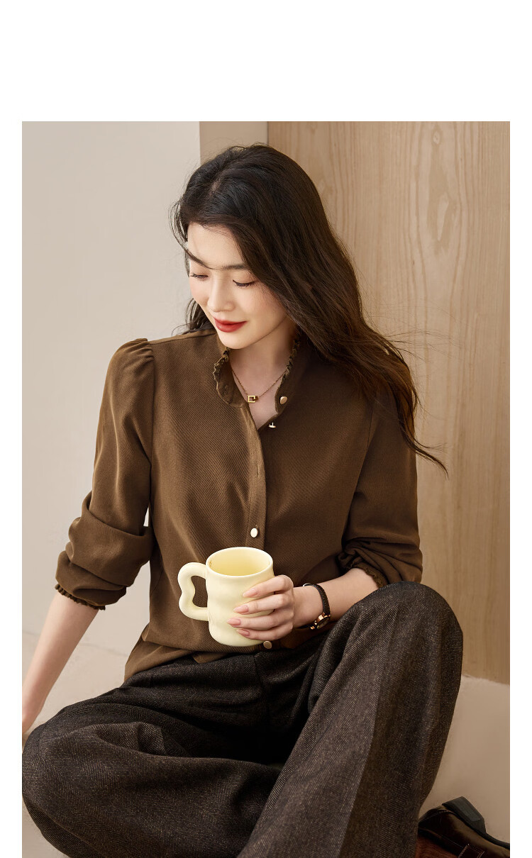 Demana [Cheese Fleece] Winter Warm Slim Fit Shirt Commuter Stand Collar Lace Decor Puff Sleeve Blouse for Women 11