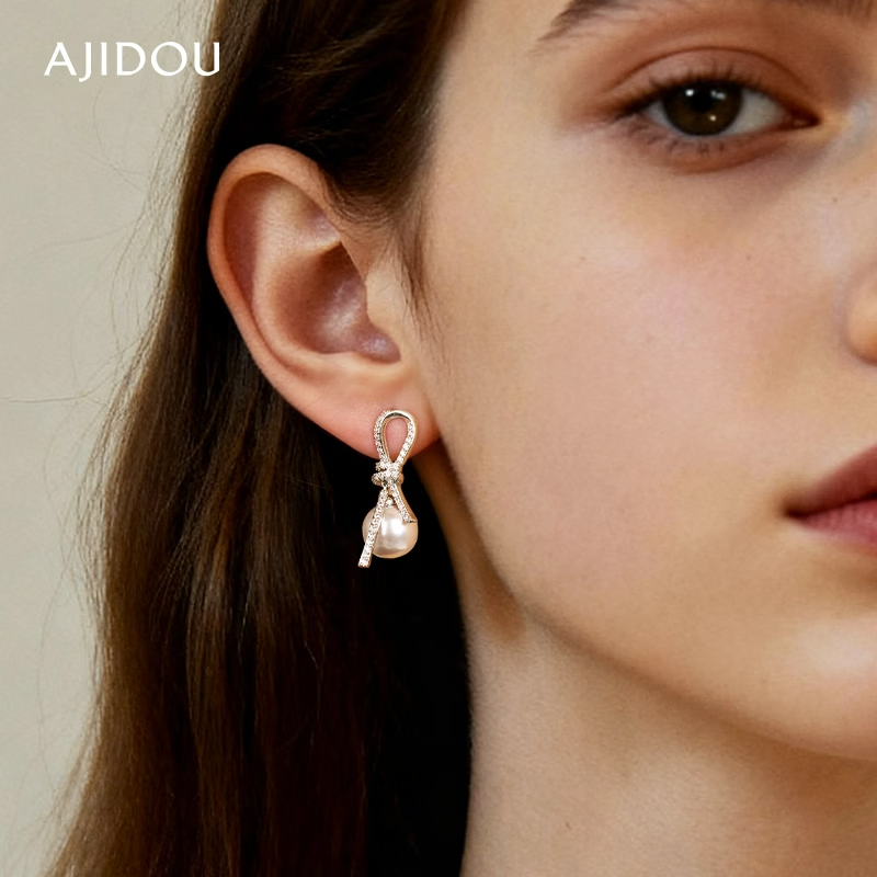 AJIDOU Women's Earrings Small Niche Ribbon Zircon Knot Pearl Drop Lightweight Luxury Earrings New Year Gift