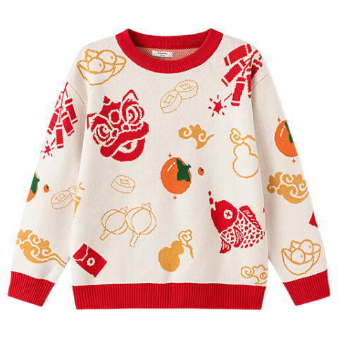 Balabala [balaOne] Children's Jacquard Trendy Sweater Red New Year Greeting Outfit Baby Style