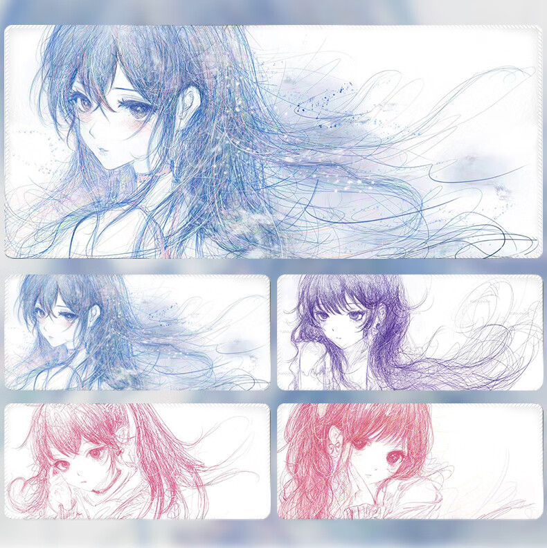 KPTE 【Girl Line Art】 Extra Large Mouse Pad Anime Two-Dimensional Student Computer Keyboard Mat Laptop Desk Mat E-sports Non-slip Gaming Cute Holographic Blue 300*600*3 1