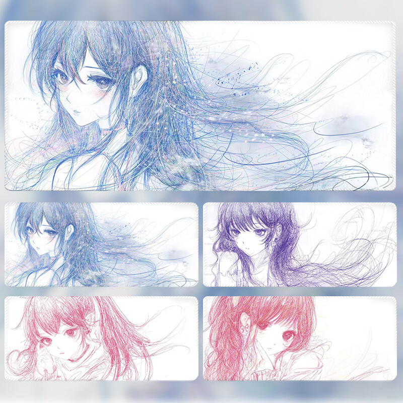 KPTE 【Girl Line Art】 Extra Large Mouse Pad Anime Two-Dimensional Student Computer Keyboard Mat Laptop Desk Mat E-sports Non-slip Gaming Cute Holographic Blue 300*600*3