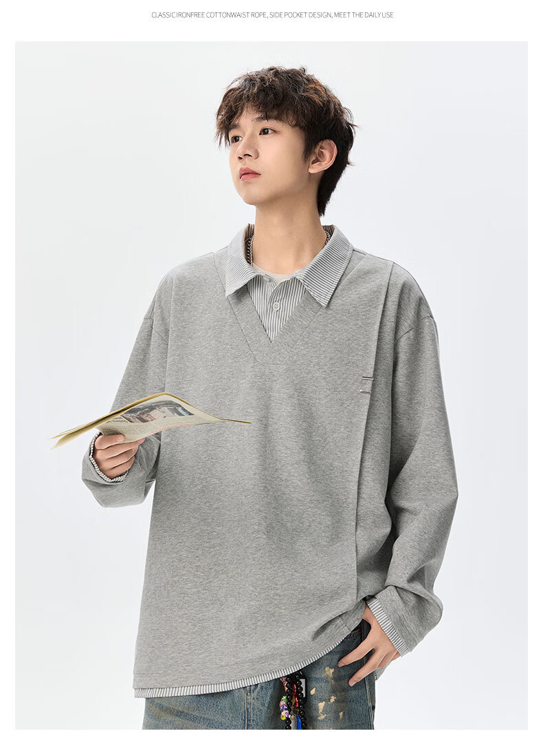 Foss Phil Men's Spring Autumn Colorblock Layered Collar Sweatshirt Casual Polo Shirt YWY1022 Glacier White XL 18