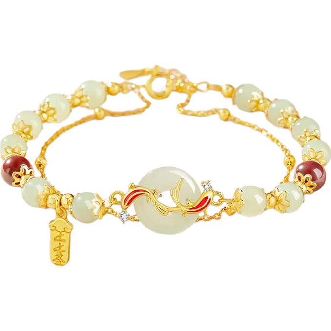 Zhenshangyin China Gold Koi Fish Safety Clasp Bracelet for Women, 2026 New Style Hetian Jade Beaded Bracelet, Birthday Gift for Girlfriend, S925