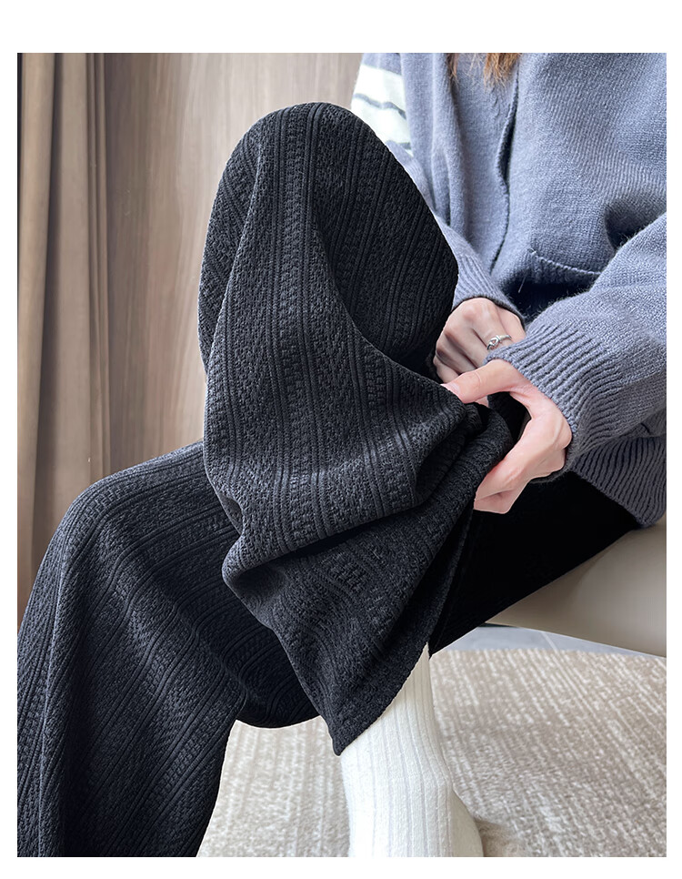 JEANSWEST Women's Casual Pants Autumn High Waist Loose Fit Straight Leg Wheat Ear Pattern European Cotton Velvet Wide Leg Pants Black XL 6