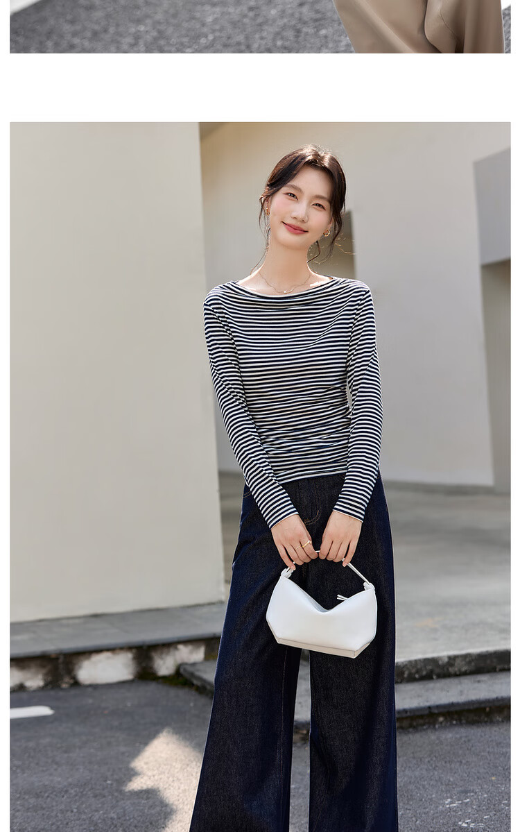 Vimly French Vintage Striped T-Shirt Women Autumn Winter Slim Fit Long Sleeve Top White Navy Stripes M 12
