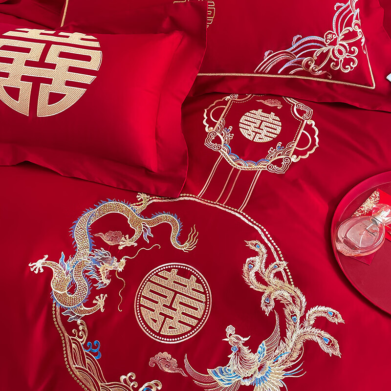 Hodo Premium Embroidered Chinese Wedding 4-Piece Set 1.5/1.8m Bed Festive Red Duvet Cover 2*2.3m Dragon Design