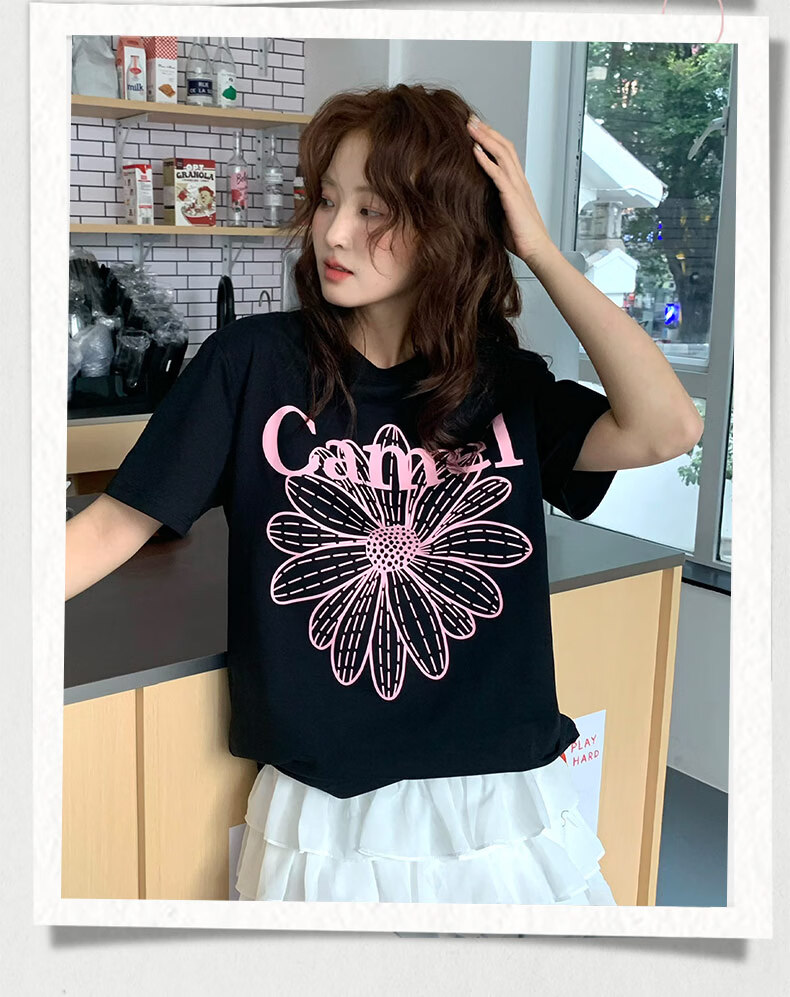 CAMEL Ice Skin T-Shirt Little Daisy Short Sleeve Cotton Loose Casual Top C36BAXLN023A Warm White XL 8