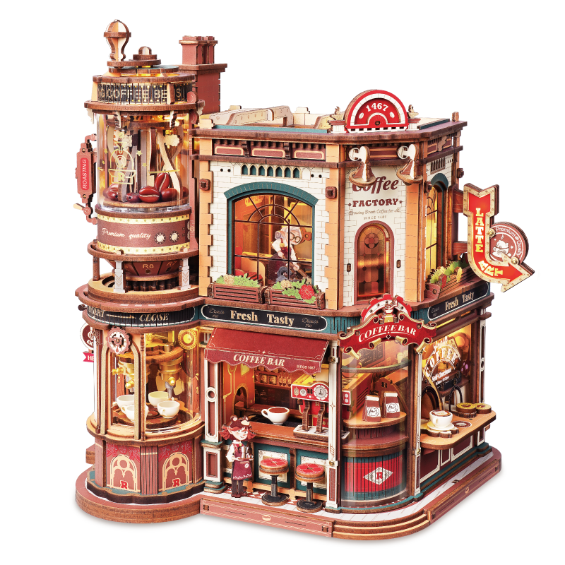 Ruotai Ruoke Coffee Factory Wooden Building Block Puzzle DIY Handcrafted Music Box Birthday Gift for Girls