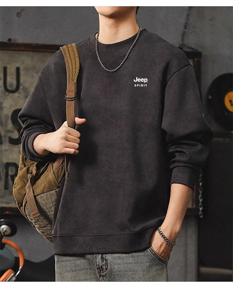 JEEP SPIRIT Men's Heavyweight Sweatshirt Spring American Vintage Long Sleeve Crew Neck T-Shirt Khaki M 1