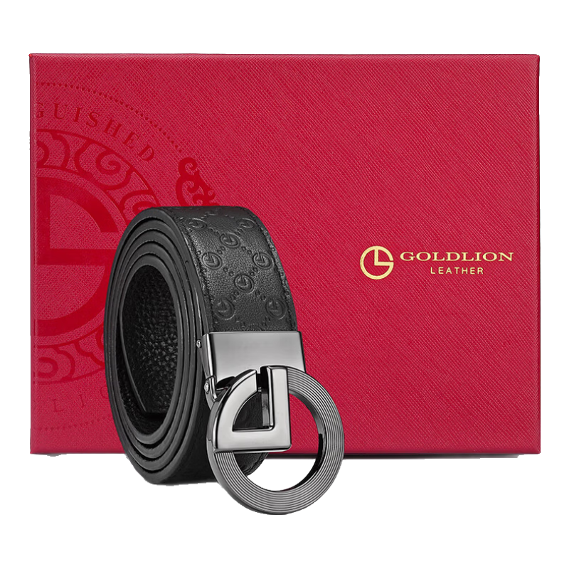 Goldlion Men's Buckle Leather Belt, Top-Grain Cowhide Smooth Buckle Waistband, Casual Trouser Belt Gift Box, Birthday Gift