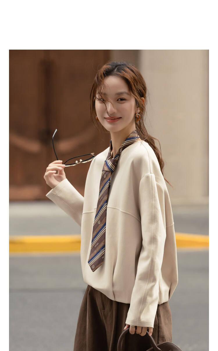 Demana Soft Air Layer Spring Elegant Crew Neck Design Segmented Pleated Wide Shoulder Petite Women's Sweatshirt 13