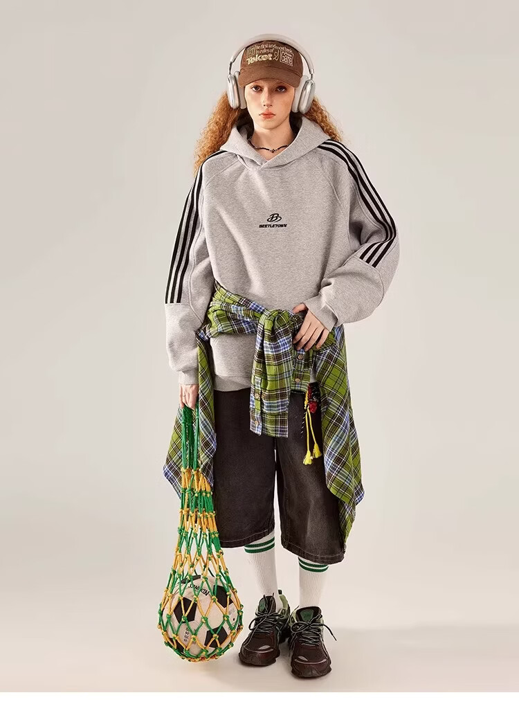 BEETLE TOWN American Style Striped Gray Raglan Sleeve Sweatshirt Women Spring New Versatile Couple Top Heather Gray M 20
