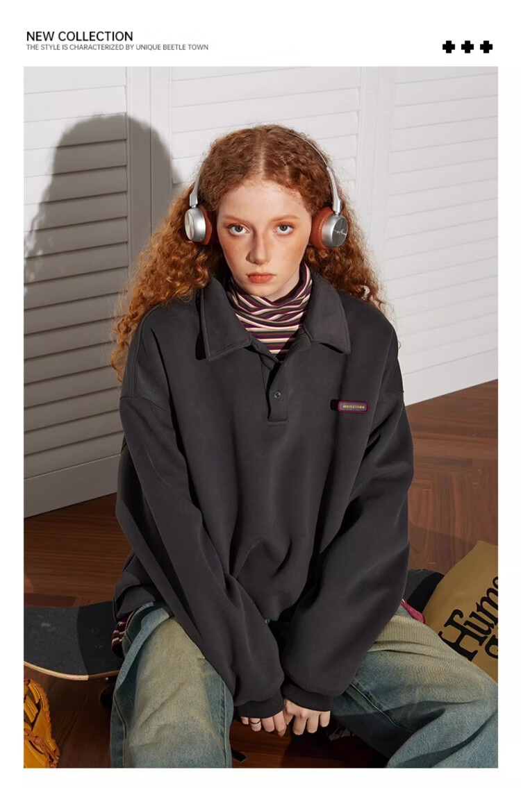 BEETLE TOWN Minimalist Casual Polo Collar Sweatshirt Women Spring New Couple Long Sleeve Collared Jacket Navy Blue S 1