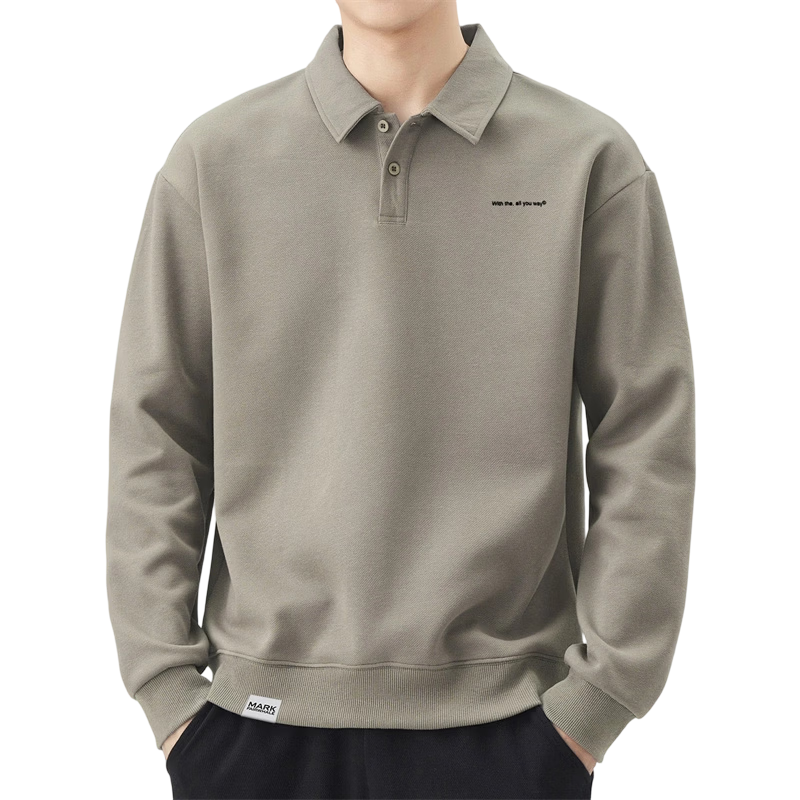 MARK FAIRWHALE Men's Sweatshirt Spring and Autumn Loose Casual Long Sleeve T-Shirt Men's Polo Collar Jacket Gray Green 2XL