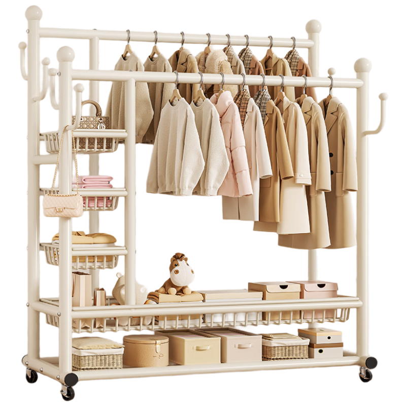 Shunyou Double Rod Floor Clothes Rack with Basket, Multifunctional Bedroom Coat Hanger, Model SY-433, White, 150cm