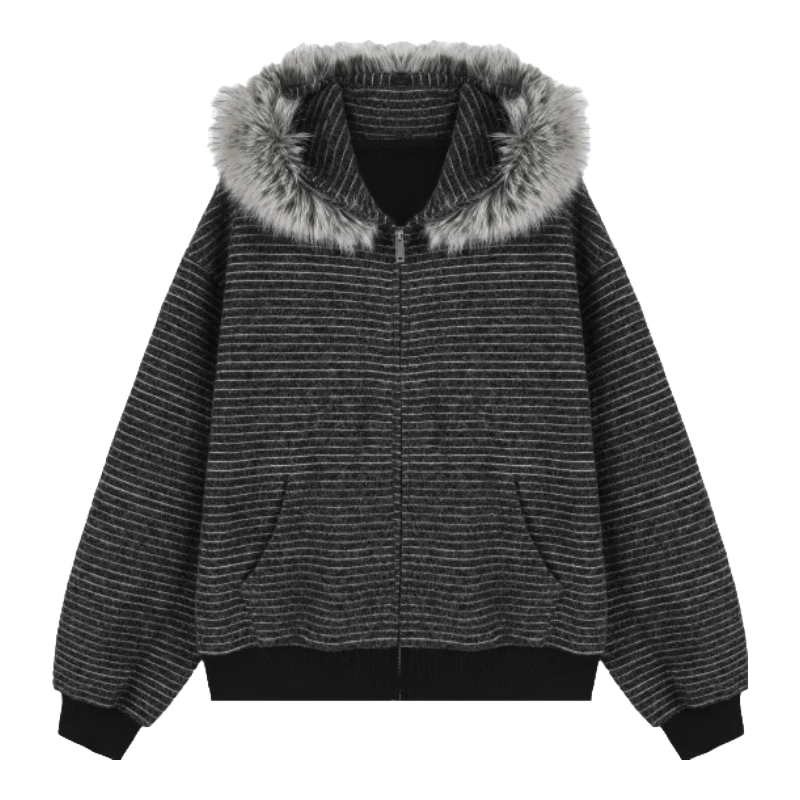 ICH MODE Women's American Style Hooded Striped Jacket with Fur Collar, Autumn Winter New Zip-up Sweatshirt, Black, Size S