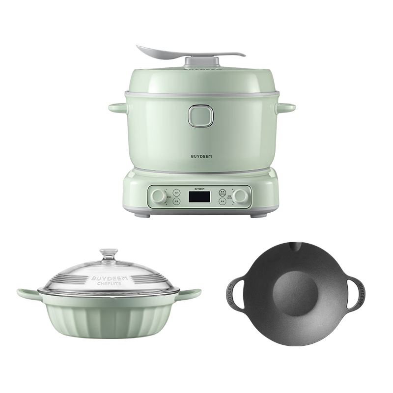 Buydeem Rice Cooker 4-8 People Large Capacity Multifunctional Porridge Pot Non-stick Inner Pot 4.6L R552 Light Green + 28cm Multifunctional Hot Pot + 36cm BBQ Grill Pan