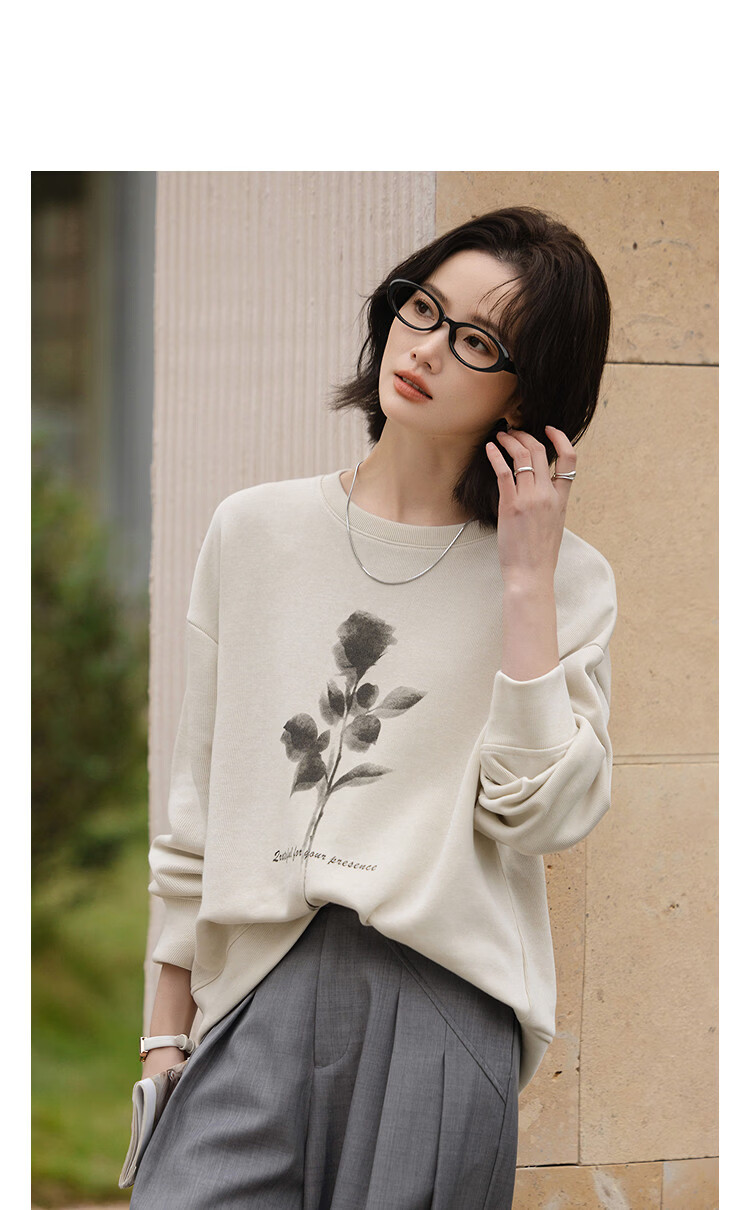 Demana [Cloud Feel Cotton Blend] Spring Korean Style Illustration Crewneck Printed Loose Fit Petite Women's Sweatshirt 7