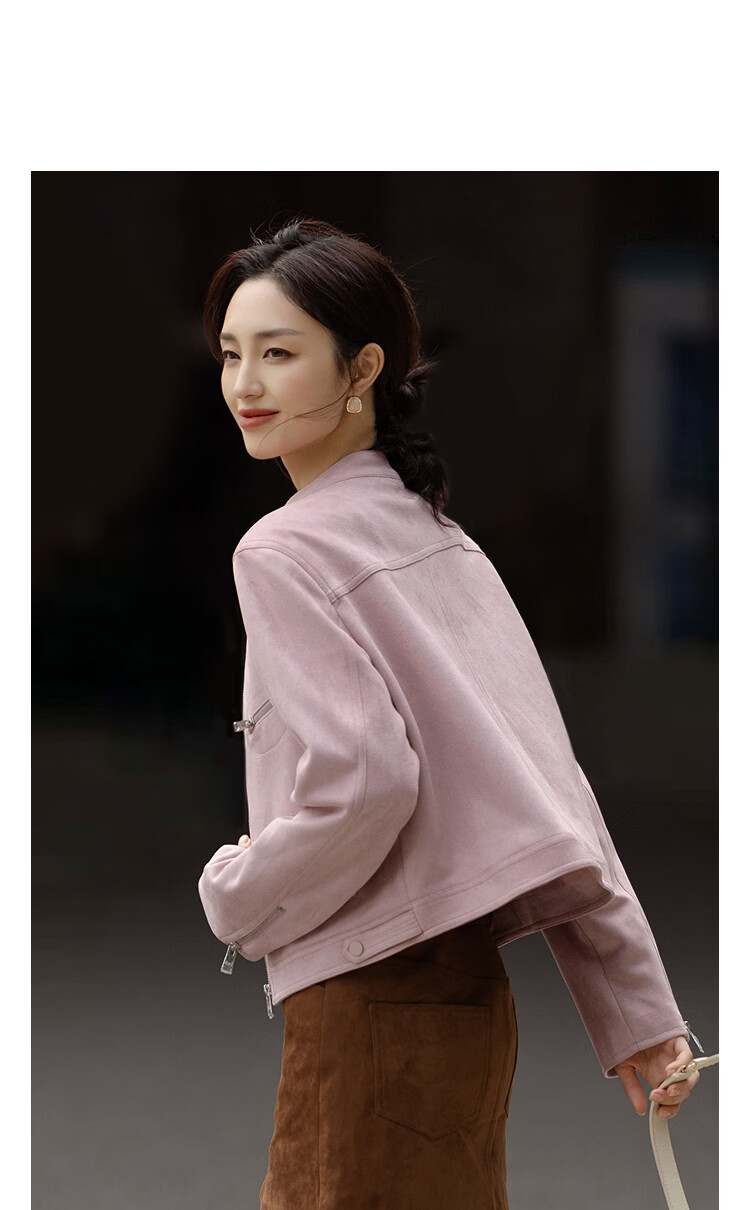 Demana Sweet Cool Korean Style Spring Stand Collar Suede Splice Zipper Decorative Jacket Short Petite Women's Coat 13