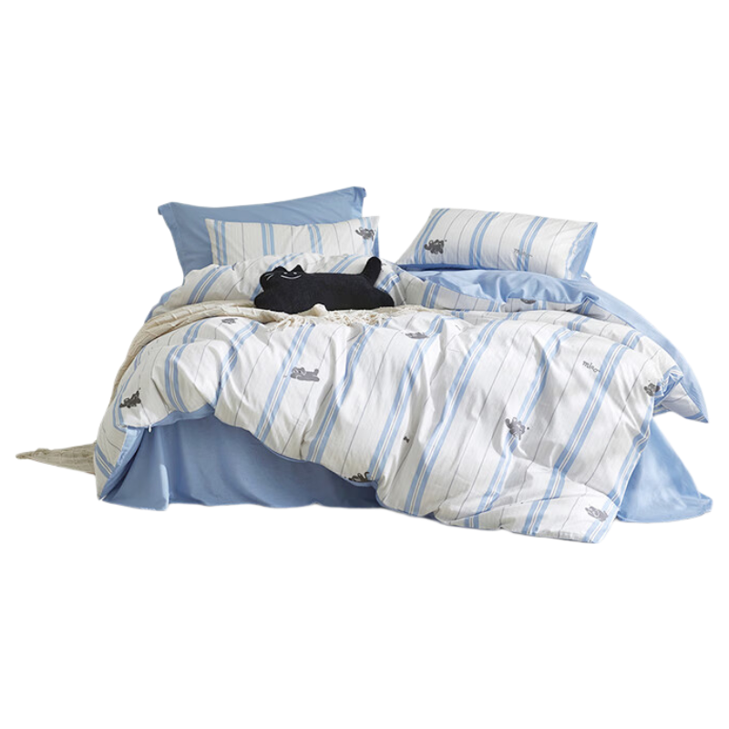 LOVO Luolai 100% Cotton Four-Piece Washed Cotton Bed Sheet and Duvet Cover Set Double Bed Bedding 220*240cm Blue