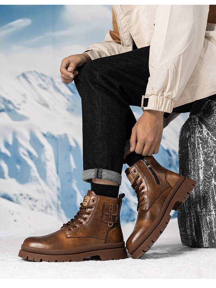 G.N.Shi Jia Men's Martin Boots, Genuine Leather, 2026 Autumn And Winter New Style, British Retro Thick-Soled Heightening Work Boots, Red-Brown, Size 43 15